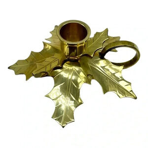 BRASS Holly‎ / Poinsettia Leaf Candlestick Holder w/Ring Shape Handle NIB